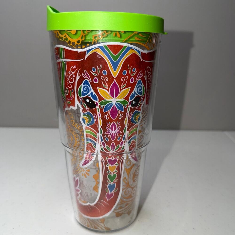Tervis Mehndi Elephants 24oz Clear Tumbler Wrap Lime Green Lid Mammoth Design